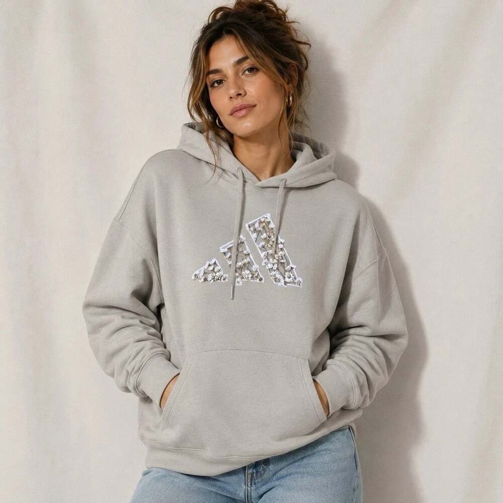 Adidas Women's Size 2XL Beige Trefoil Floral Logo Pullover Active Hoodie NWT